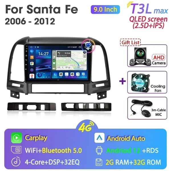 Hyundai Santa Fe 2 Android bilradio, GPS-navigation, multimediaspelare för video, T3L Max-MIC-3-FS