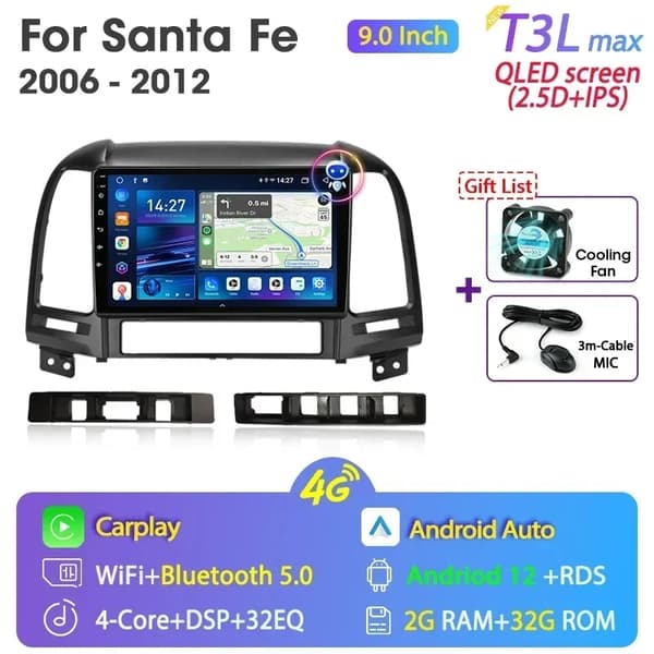 Hyundai Santa Fe 2 Android Bilradio, GPS Navigation, Multimedie Videoafspiller, T3L Max-MIC-3-FS