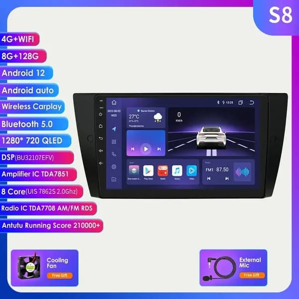 Carplay AI, 4G-LTE-forbindelse, 9-tommers berøringsskærm, S8