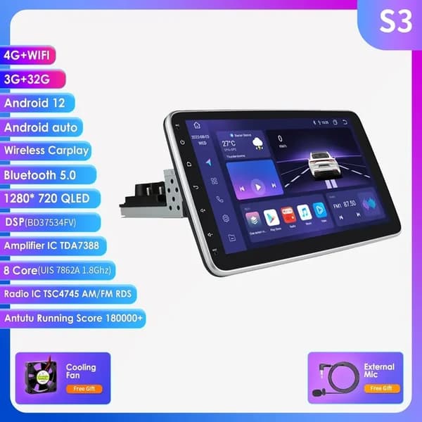 Bil Multimedieafspiller, 4G-forbindelse, 10,1 tommer Touchscreen, S3 8Core 3G 32G