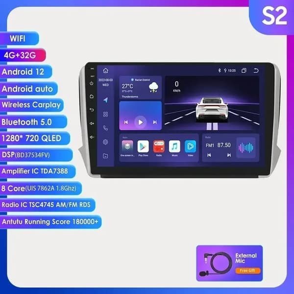 Auton stereo, Android 12, monimedia GPS-soitin, S2-4G 32G-8cores