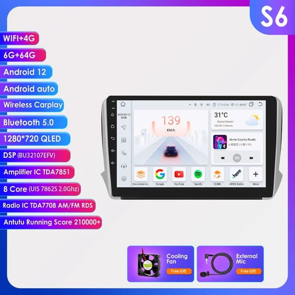 Bilradio, Android 12, Multimedie GPS-afspiller, S6-6G 64G-8cores-4G