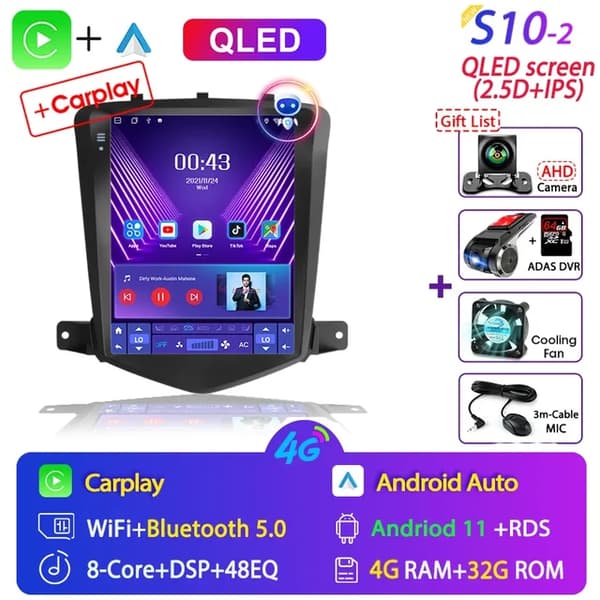 Chevrolet Cruze Carplay Android 11, Multimedia Video -soitin, Navigointi-pääyksikkö, S10-2 (lahja)
