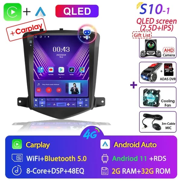 Chevrolet Cruze Carplay Android 11, Multimedia Video -soitin, Navigointi-pääyksikkö, S10-1 (lahja)