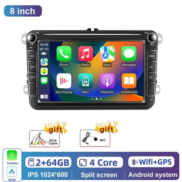 Bil GPS Radio, 8 tommer Touchscreen, Android Auto Kompatibilitet, 2-64GB Carply Cam