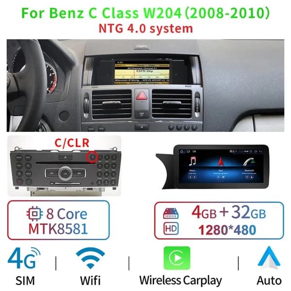 Bilmonitor, Touchskærm, Carplay Auto, MTK NTG 40 4-32GB, otte kerne