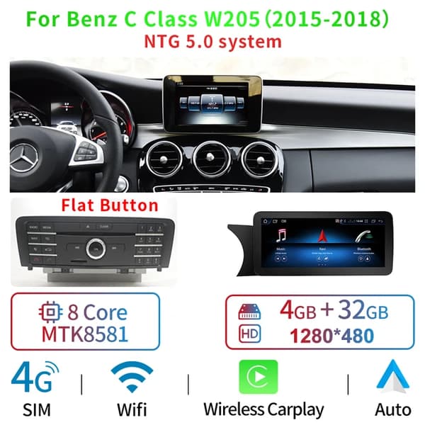 Bilmonitor, Touchskærm, Carplay Auto, MTK NTG 50 4-32GB, otte kerne