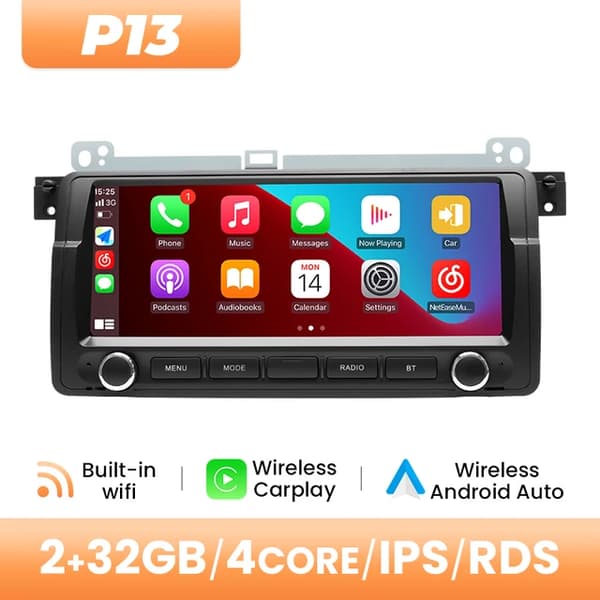 Trådløs Carplay bilradio, Android 14 DSP GPS-navigation, 128GB IPS lyd., 4Core 2GB 32GB