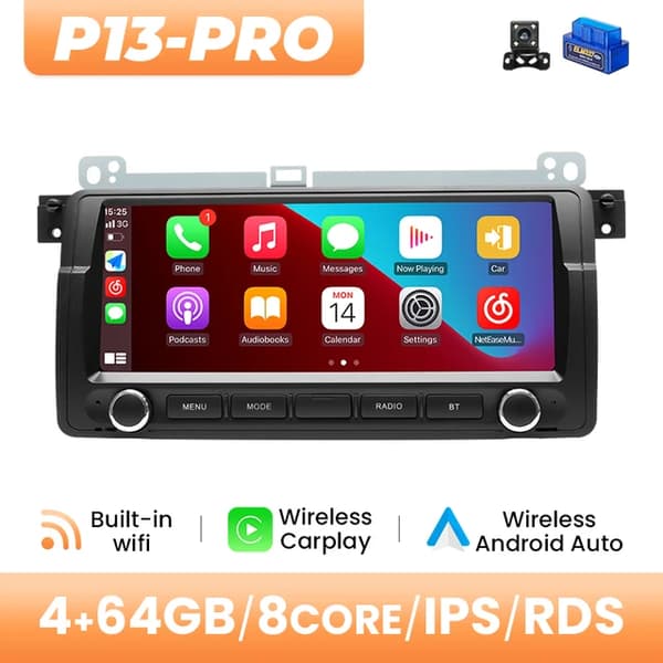 Langaton Carplay-autoradio, Android 14 DSP GPS-navigointi, 128GB IPS-ääni, 4GB 64GB OBD2-kamera