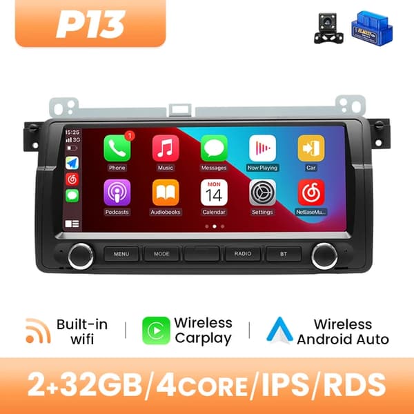 Trådløs Carplay bilradio, Android 14 DSP GPS-navigation, 128GB IPS lyd., 4Core 2-32GB OBD Cam