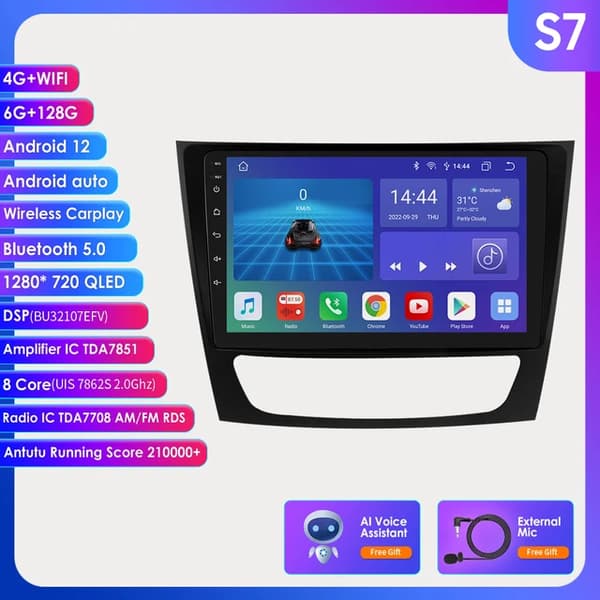 Bilradio skærm, 9-tommers Android display, GPS navigation, Bluetooth, S7 AI Pro
