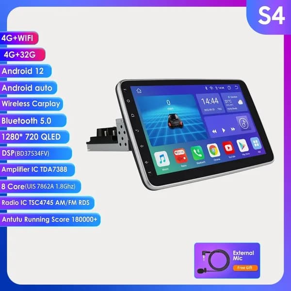 Bil Multimedia Afspiller, 4G/WIFI Forbindelse, Drejelig 10tommer Skærm, S4 8Core 4G 32G 4G