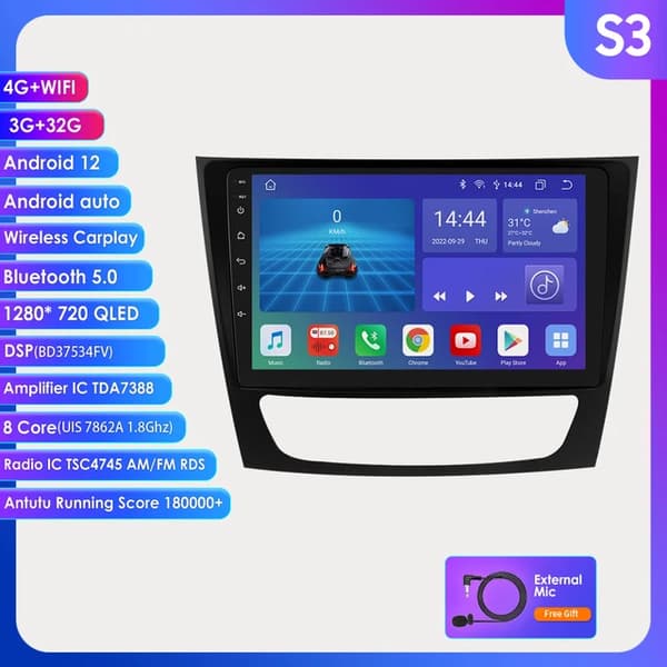 Bilradio skærm, 9-tommers Android display, GPS navigation, Bluetooth, S3