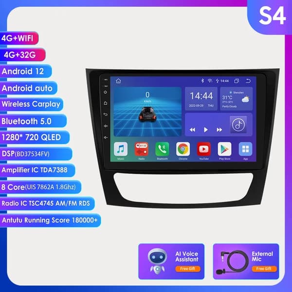 Bilradio skærm, 9-tommers Android display, GPS navigation, Bluetooth, S4 AI Pro