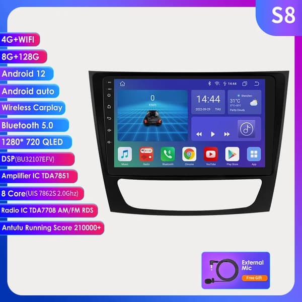 Auton radionäyttö, 9-tuumainen Android-näyttö, GPS-navigointi, Bluetooth, S8