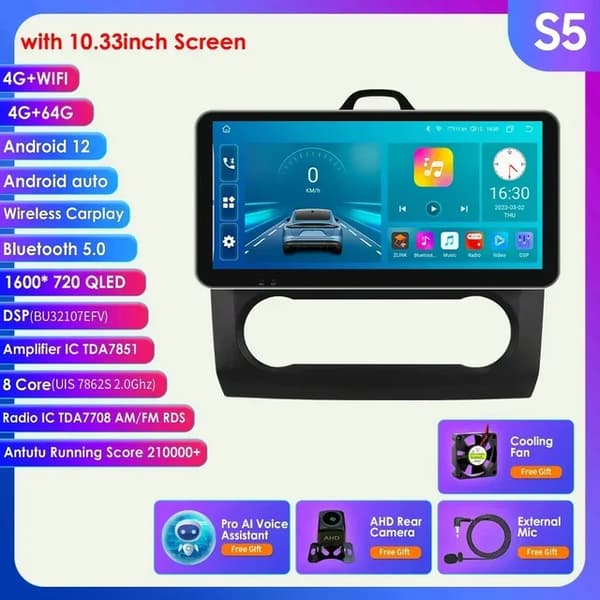 Ford Focus Mk2 Carplay skærm, Android 12, GPS navigation, Sort S5 AHDC2 AI