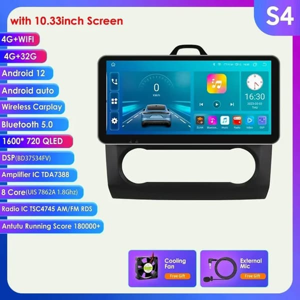 Ford Focus Mk2 Carplay skærm, Android 12, GPS navigation, Sort S4