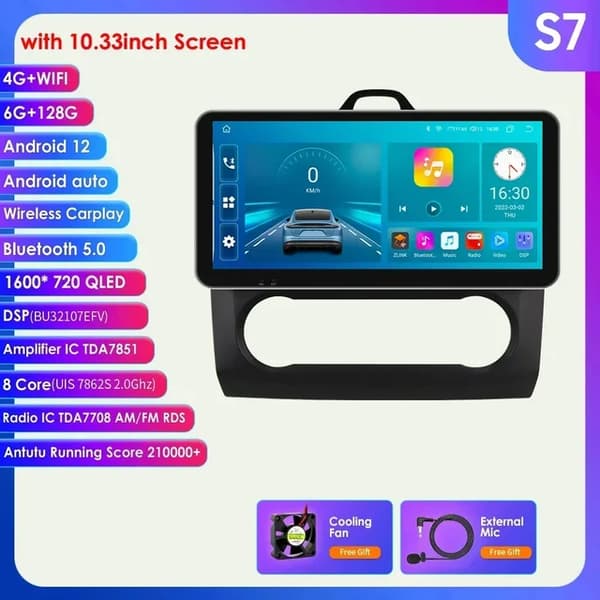 Ford Focus Mk2 Carplay skærm, Android 12, GPS navigation, Sort S7