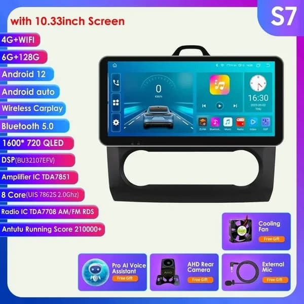 Ford Focus Mk2 Carplay skærm, Android 12, GPS navigation, Sort S7 AHDC2 AI