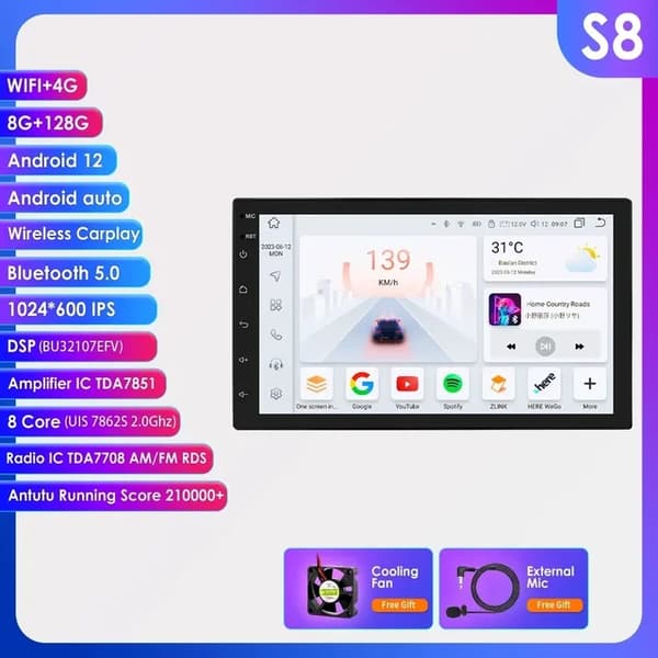 Android Autoradio, Android Auto Carplay, GPS Auto Multimediaafspiller, S8 (8Core 8G 128G)