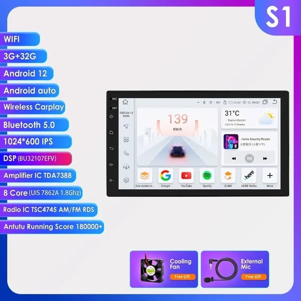 Android Autoradio, Android Auto Carplay, GPS Auto Multimediaafspiller, S1 (8Core 3G 32G)