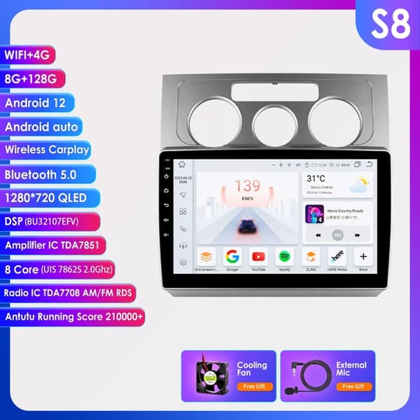 Android bilradio, Multimedia Carplay, GPS, S8