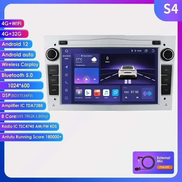 Carplay Android 12 -autoradio, GPS-navigointi, Bluetooth-yhteys, S4 Hopea