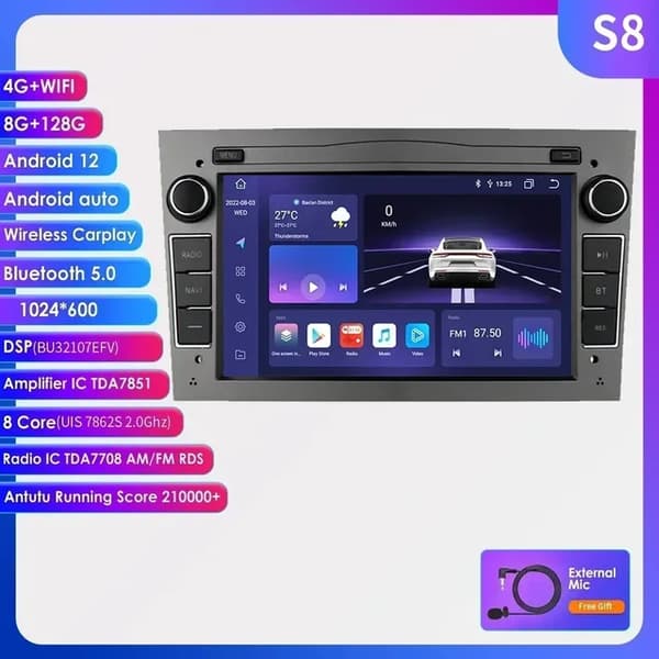 Carplay Android 12 -autoradio, GPS-navigointi, Bluetooth-yhteys, S8 Harmaa