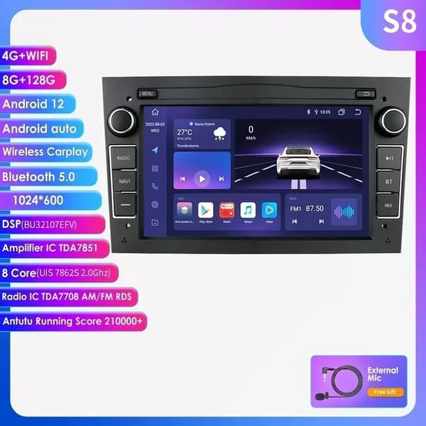 Carplay Android 12 -autoradio, GPS-navigointi, Bluetooth-yhteys, S8 Musta
