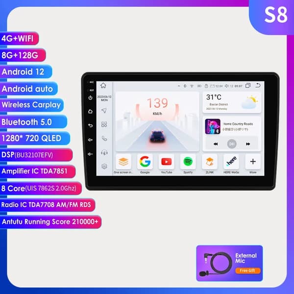 Carplay Android -radio, GPS-navigointi, 4G-yhteys, S8