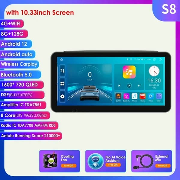 Carplay Android -radio, GPS-navigointi, 4G-yhteys, 1033 tuuman S8 AI