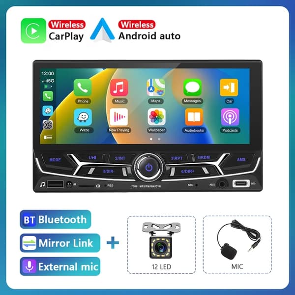 Carplay MP5-soitin, Bluetooth/FM-radiovastaanotin, Mirror Link -taajuuskorjainradio, Langaton Carplay-kamera