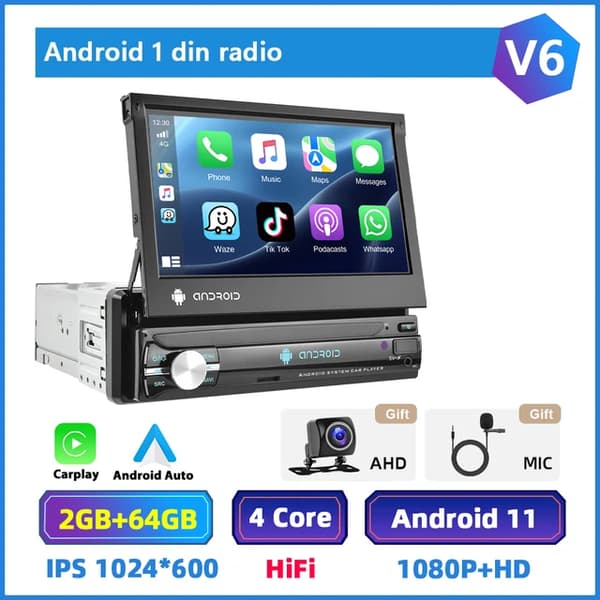 Carplay bilradio, Android 10, 7" udtrækkelig skærm, 2 64G carplay CAM