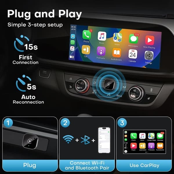 Langaton CarPlay-sovitin, CarPlaylle ja Android Autolle, Plug-and-play erittäin pienellä latenssilla