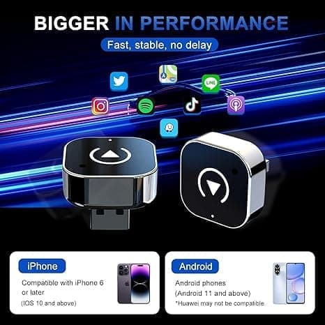 Langaton CarPlay-sovitin, CarPlaylle ja Android Autolle, Plug-and-play erittäin pienellä latenssilla