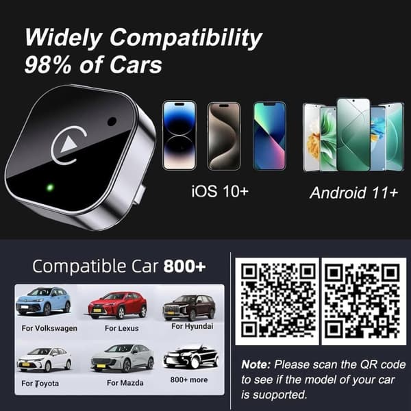 Langaton CarPlay-sovitin, CarPlaylle ja Android Autolle, Plug-and-play erittäin pienellä latenssilla