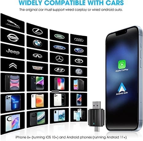 Langaton OBOSOE CarPlay-sovitin – USB-A & USB-C -kaksoisliitin, CarPlaylle ja Android Autolle, plug-and-Play pienellä viiveellä