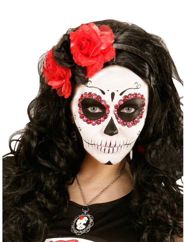 Dia de los muertos pannebånd med røde og svarte blomster for kvinner.Size-One size