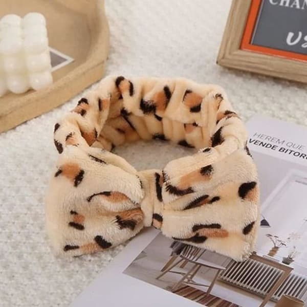 Bandeau för Hår i Tryckt Leopardfärgad Fleece Almond Beige