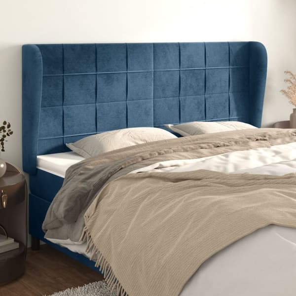 vidaXL sengegavl med kanter 183x23x118/128 cm fløjl mørkeblå