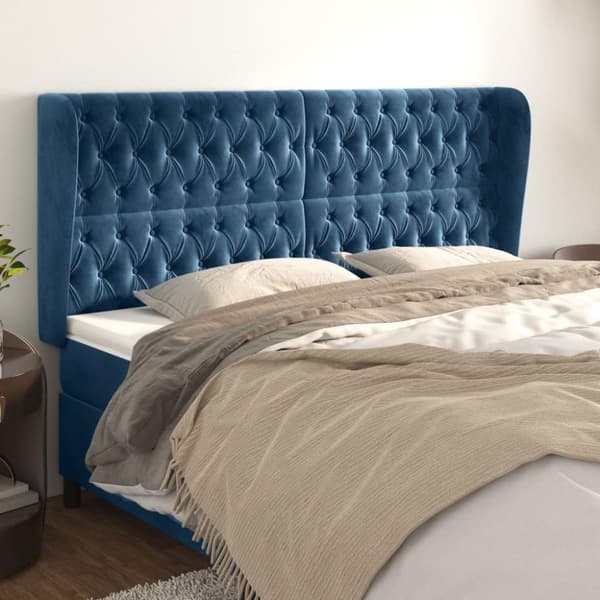 vidaXL sengegavl med kanter 183x23x118/128 cm fløjl mørkeblå
