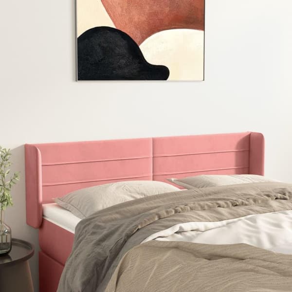 vidaXL sengegavl med kanter 147x16x78/88 cm fløjl lyserød