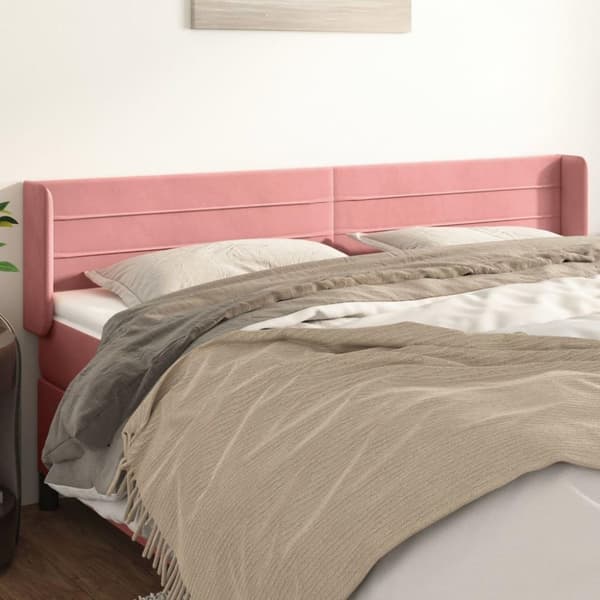 vidaXL sengegavl med kanter 163x16x78/88 cm fløjl lyserød