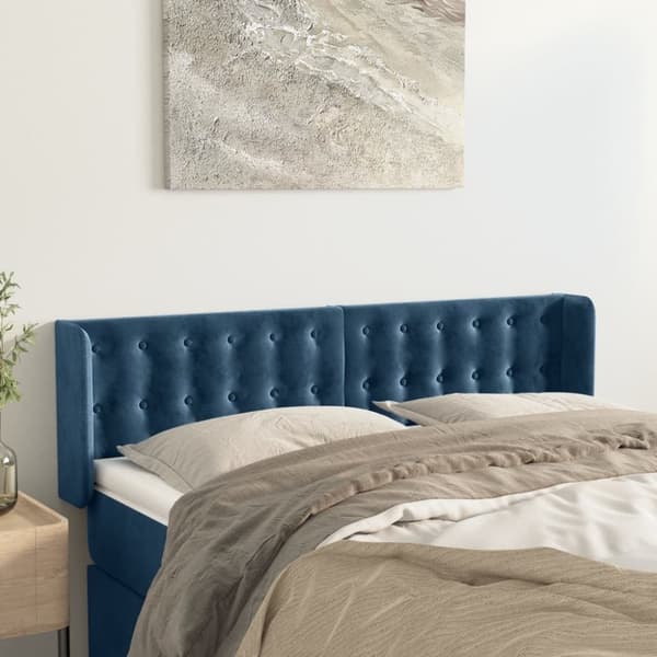 vidaXL sengegavl med kanter 147x16x78/88 cm fløjl mørkeblå
