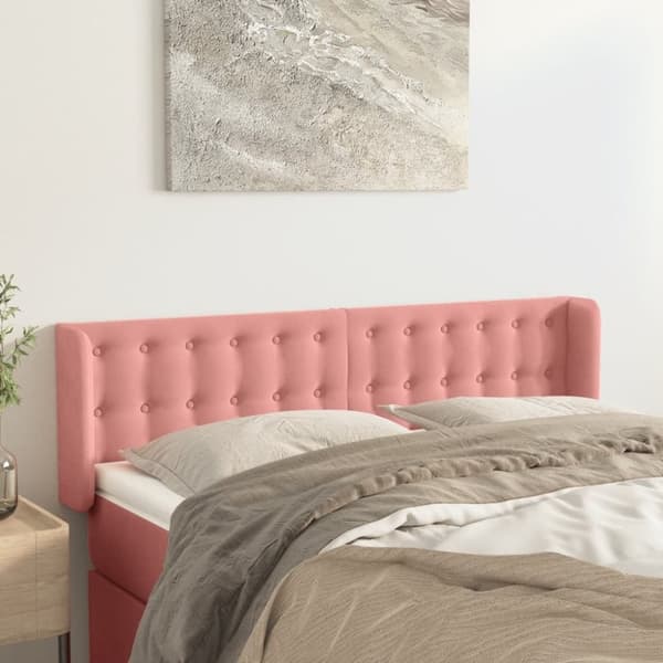 vidaXL sengegavl med kanter 147x16x78/88 cm fløjl lyserød