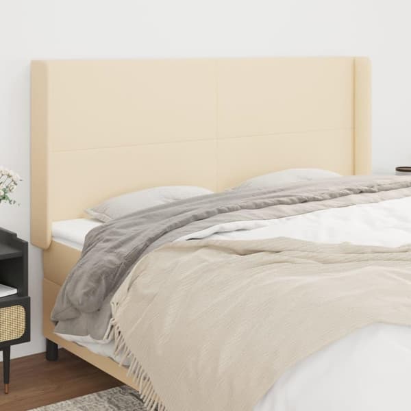 vidaXL sengegavl med kanter 163x16x118/128 cm stof cremefarvet