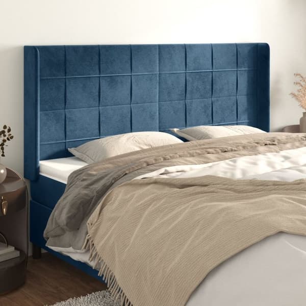 vidaXL sengegavl med kanter 183x16x118/128 cm fløjl mørkeblå