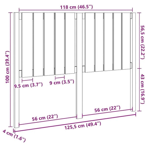 vidaXL Sengegavl hvit 125,5x4x100 cm heltre furu