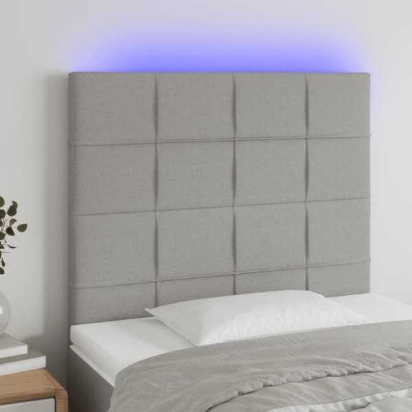 vidaXL sengegavl med LED-lys 100x5x118/128 cm stof lysegrå