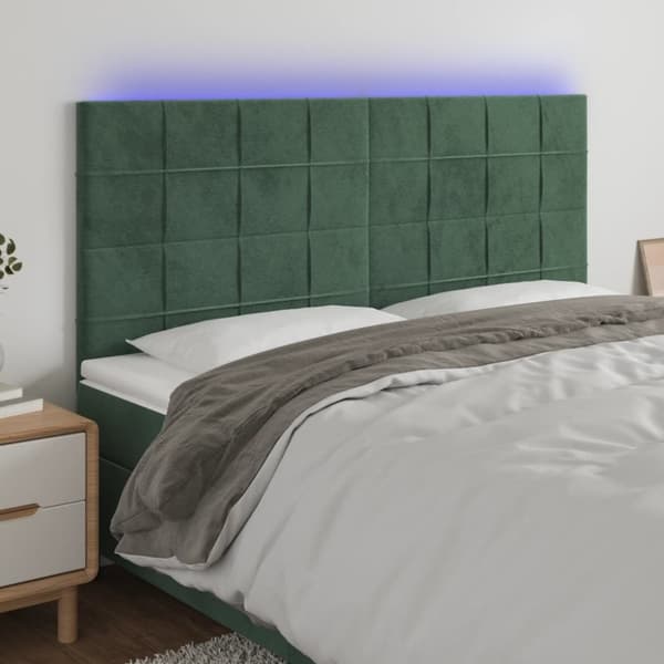 vidaXL sengegavl med LED-lys 160x5x118/128 cm fløjl mørkegrøn